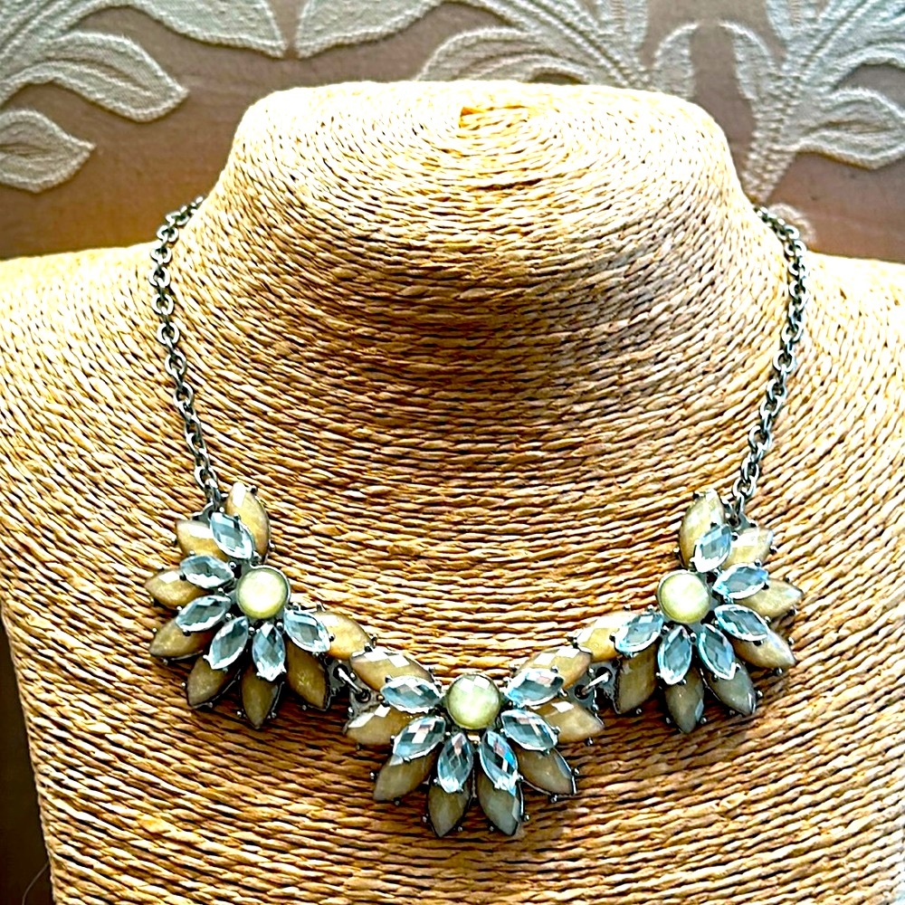 Statement Necklace Clear Rhinestone With Cream Co… - image 1